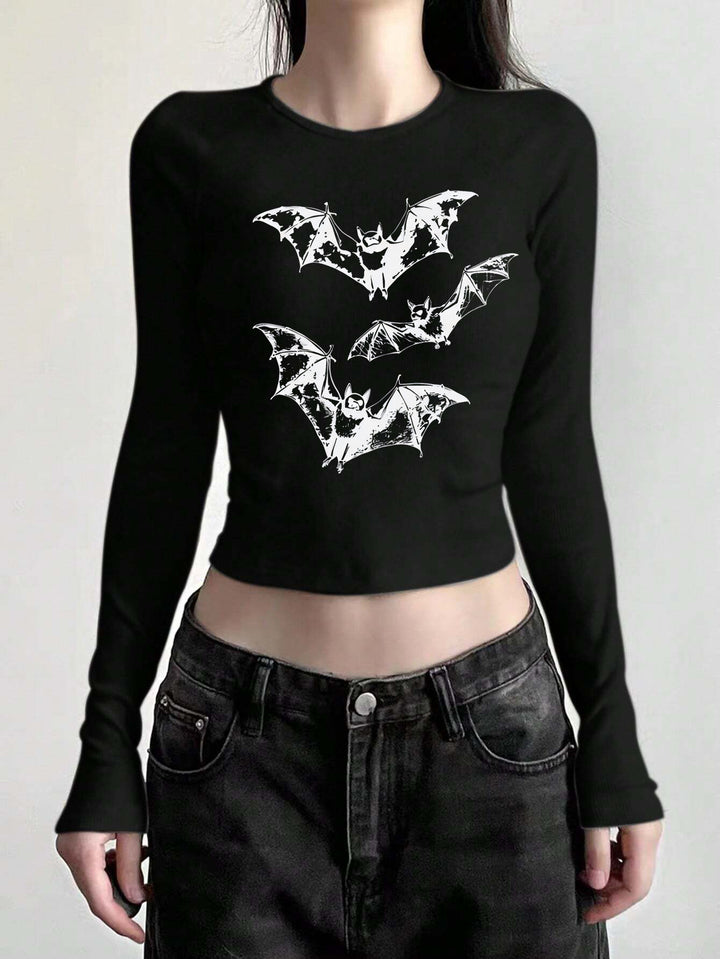 Damen nan figurbetontes Langarmshirt mit niedlichem Gänse-Print, Rundhalsausschnitt und leichtem Stretch Drune