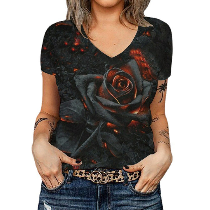 Damen V-Ausschnitt T-Shirt mit floralem Überblendedesign Drune