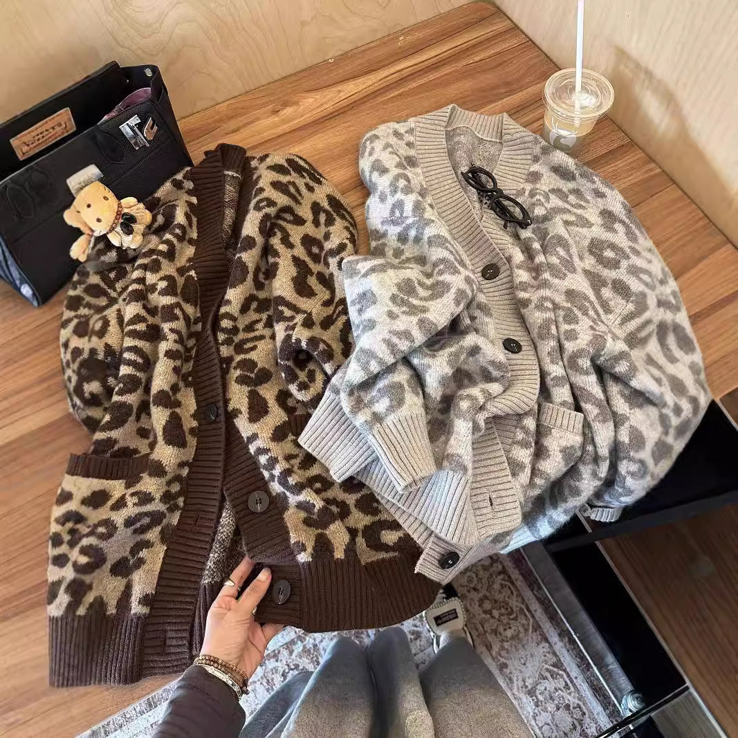 Damen Leichter Strickcardigan mit strukturiertem Leopardenmuster Drune