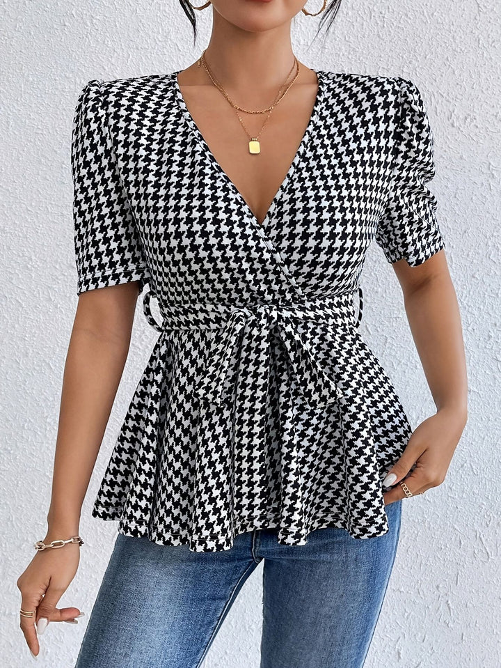 Damen Wickelbluse mit ausgefallenem Karomuster und tailliertem Design Drune