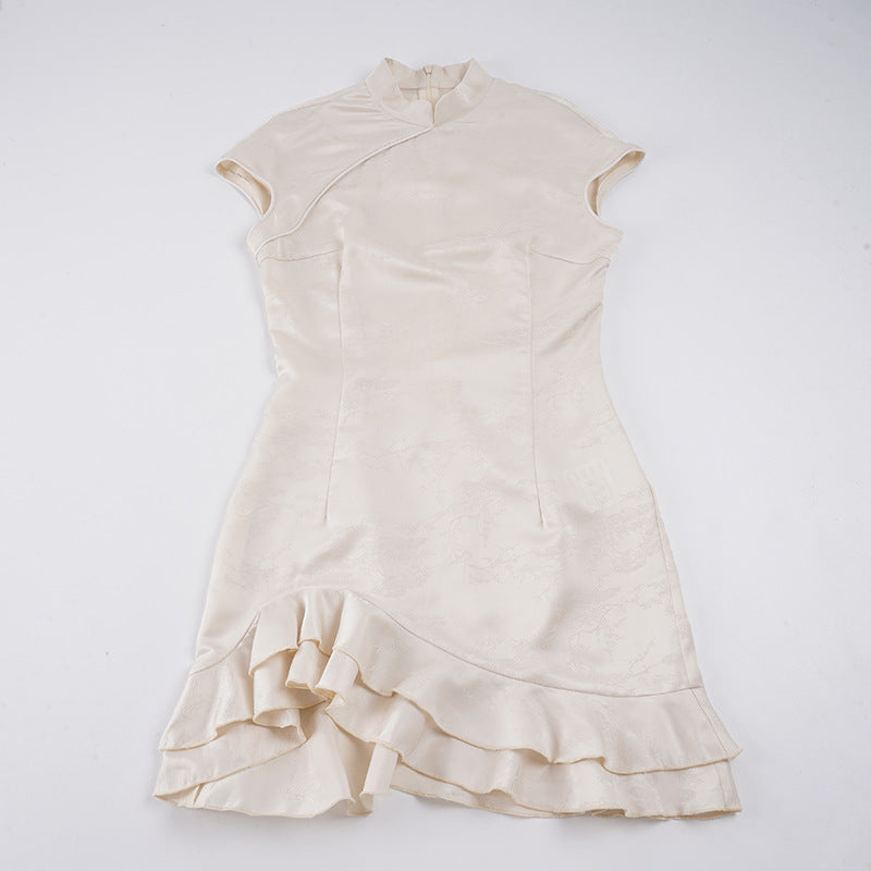 Damen elegantes Wickelkleid mit romantischem Rüschensaum und hohem Kragen Drune