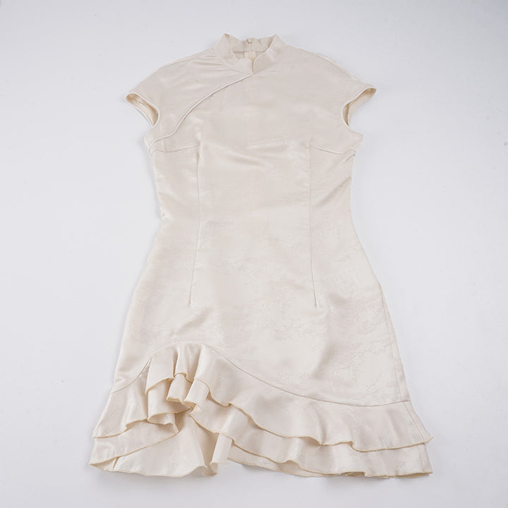 Damen elegantes Wickelkleid mit romantischem Rüschensaum und hohem Kragen Drune