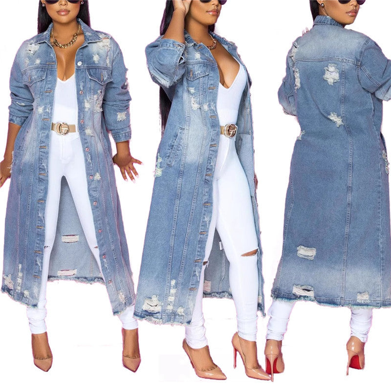 Damen Denim-Hemdjacke im lässigen Long-Style mit Distressed-Details Drune