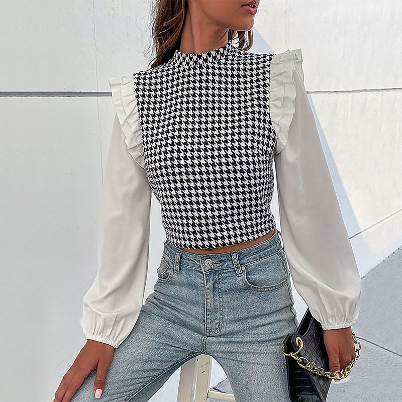 Damen Crop-Top mit voluminösen Ärmeln und modischem Karomuster Drune