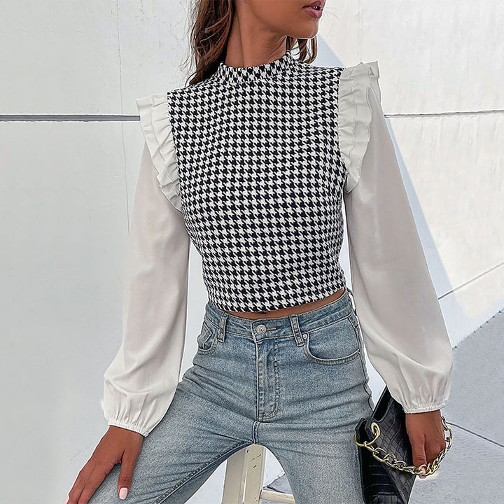 Damen Crop-Top mit voluminösen Ärmeln und modischem Karomuster Drune
