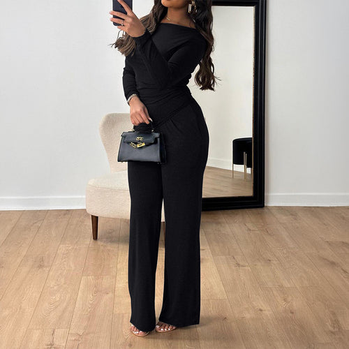 Damen Elegantes Langarm-Overall mit Wickel-Optik und weitem Bein Drune