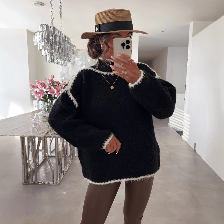 Damen modischer Pullover mit hohem Kragen und strukturiertem Strickdesign Drune
