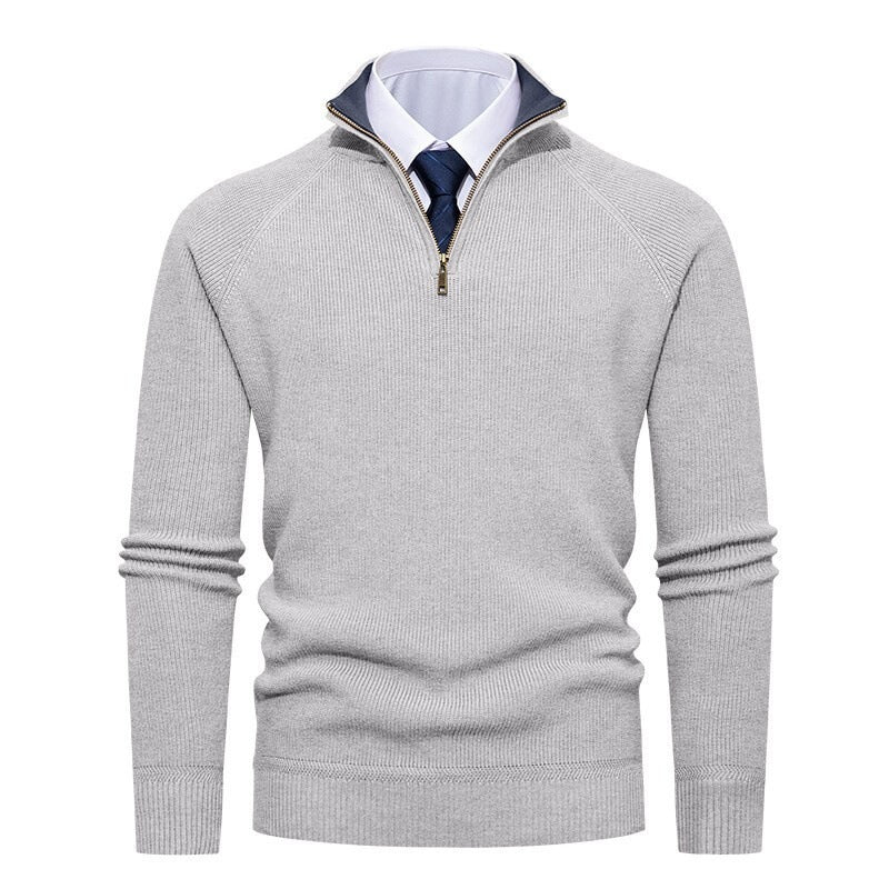 Herren nan feiner Strickpullover mit Halbzip, strukturierter Rippoptik und innen kontrastiertem Stehkragen Drune