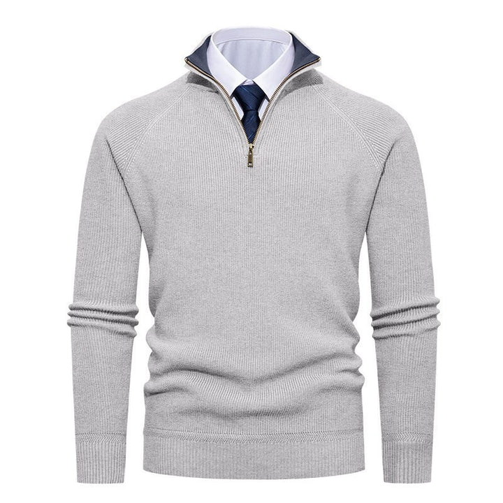 Herren nan feiner Strickpullover mit Halbzip, strukturierter Rippoptik und innen kontrastiertem Stehkragen Drune