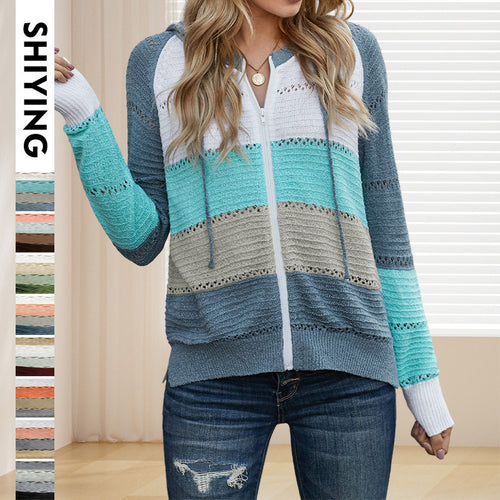 Damen lässige Strickjacke mit Kapuze und dekorativem Lochmuster Drune