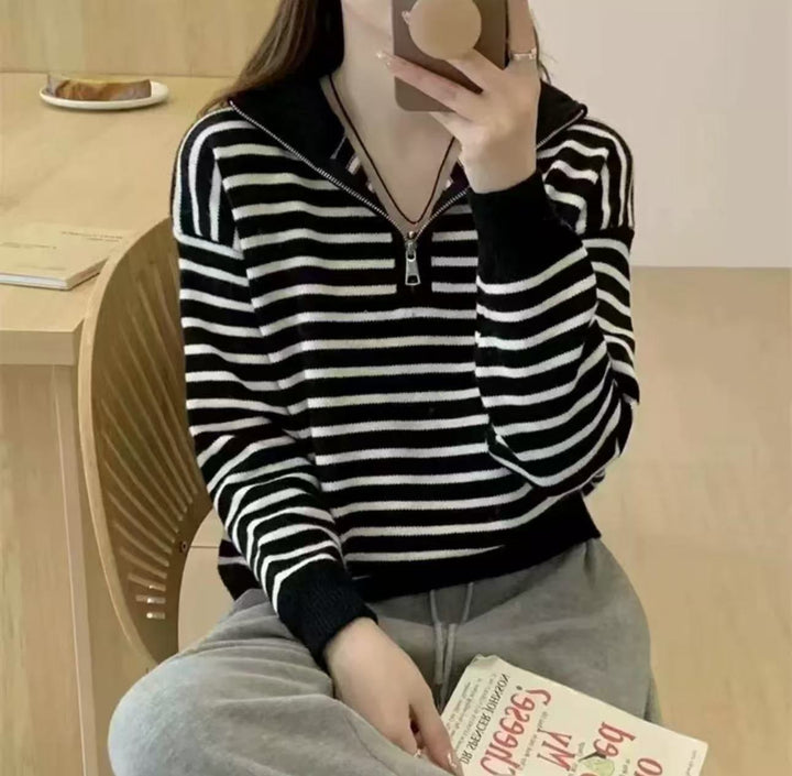 Damen Strickpullover mit kurzem Reißverschluss und modischem Streifenmuster Drune