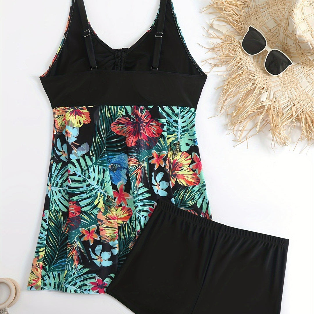Damen Sportliches Badeanzug-Set mit floralem Seiteneinsatz Drune