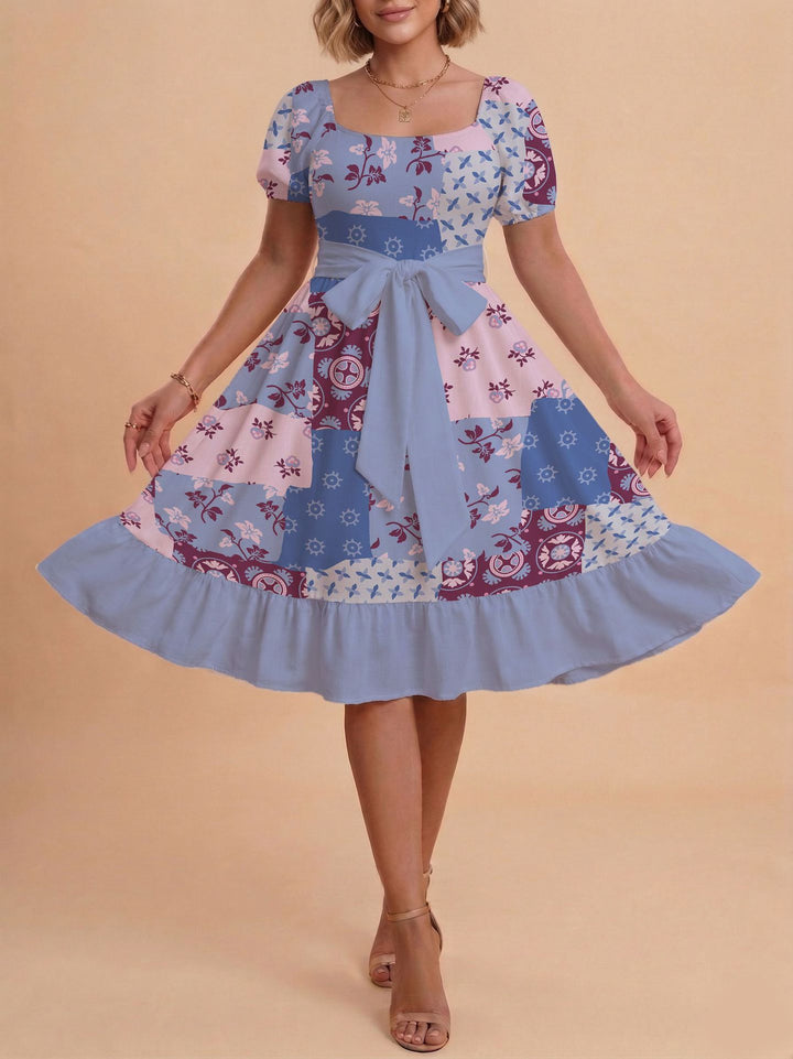 Damen Retro Maxikleid mit Puffärmeln und Taillengürtel Drune