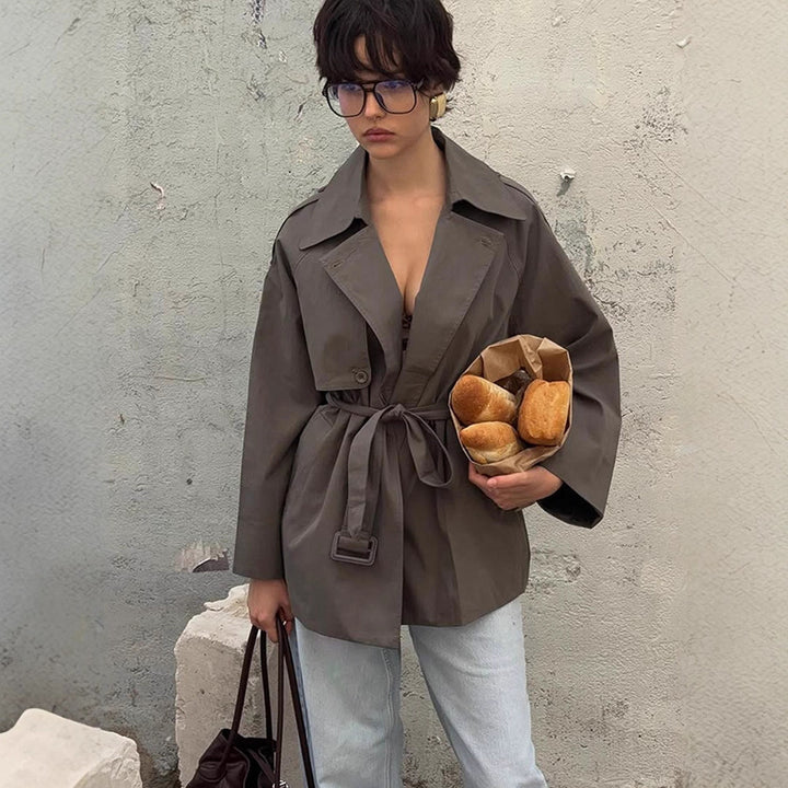Damen modische Trenchcoat-Jacke mit abnehmbarem Gürtel und oversized Schnitt Drune