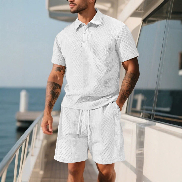 Herren nan eleganter Freizeit-Zweiteiler aus geprägtem Strick mit Polokragen Kurzarmshirt und Tunnelzug-Bermuda Drune