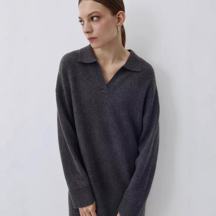 Damen Übergröße Strickkleid mit modernem Polokragen und langen Ärmeln Drune