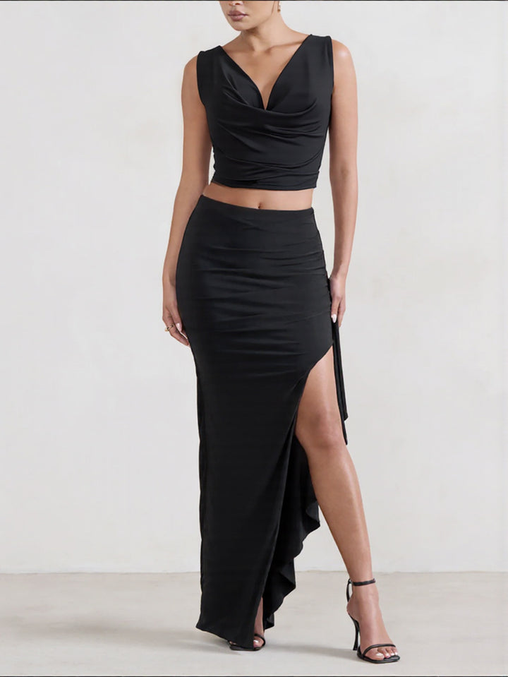 Damen Elegantes Crop-Top und Maxi-Rock Set mit hohem Schlitz Drune