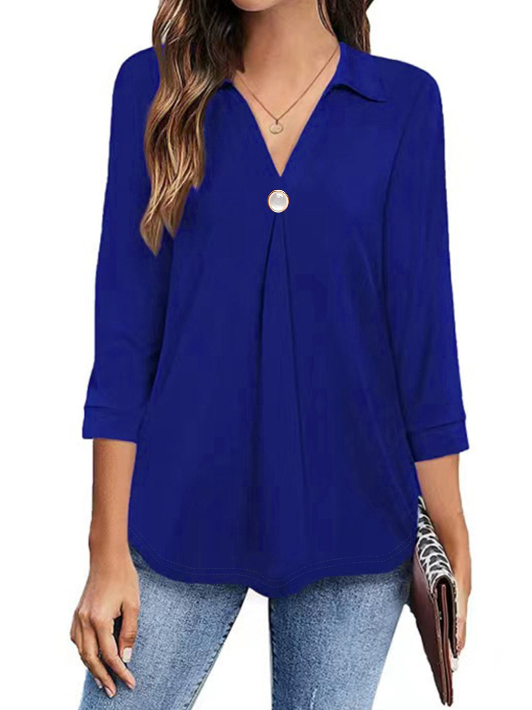 Damen Langarm Bluse mit elegantem V-Ausschnitt und dekorativen Falten Drune