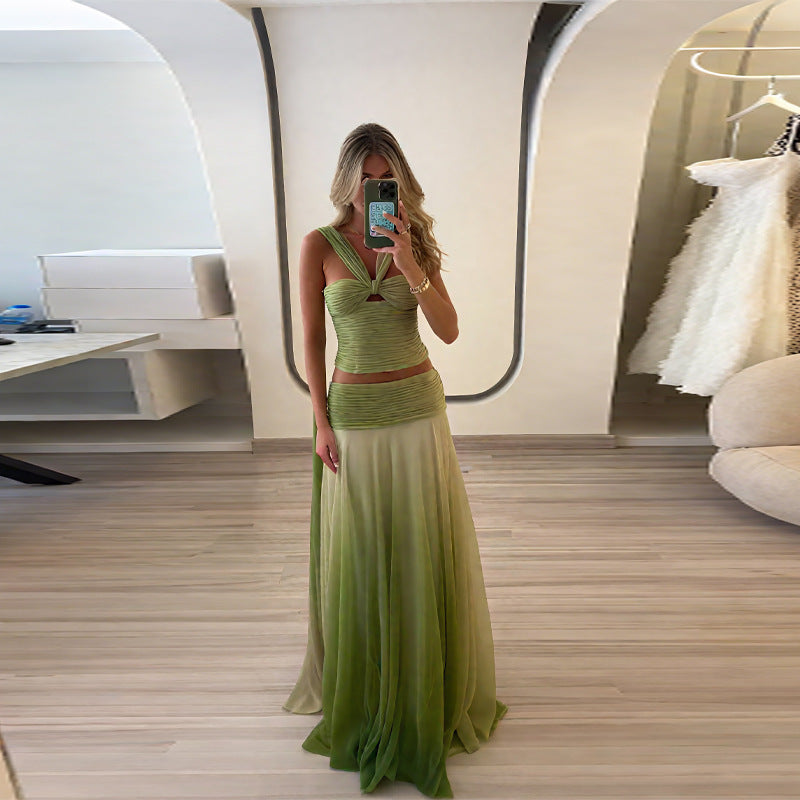 Damen schickes Maxikleid mit geflochtenem Oberteil und fließendem Rock Drune