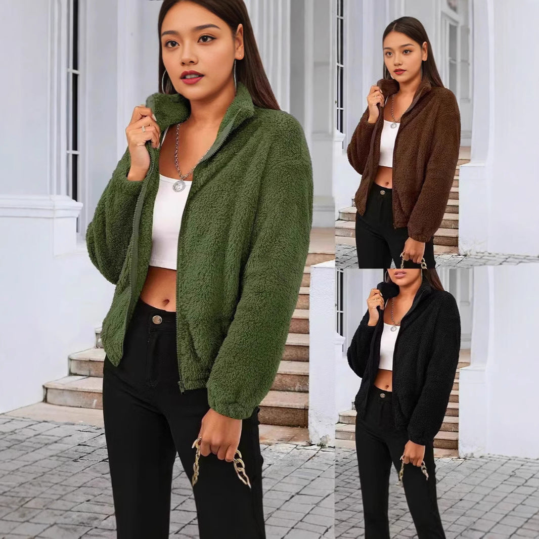 Damen kuschelige Teddyjacke mit hohem Kragen und aufgestelltem Reißverschluss Drune