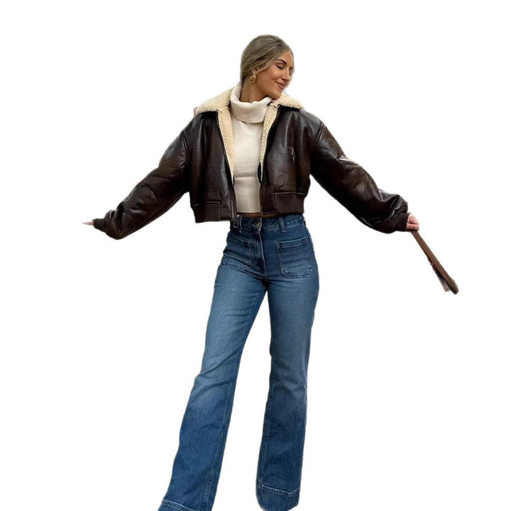 Damen cropped Kunstlederjacke mit Innenfutter aus Plüsch Drune