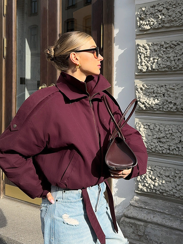 Damen moderne Oversized-Jacke mit Stehkragen und Taillengürtel Drune