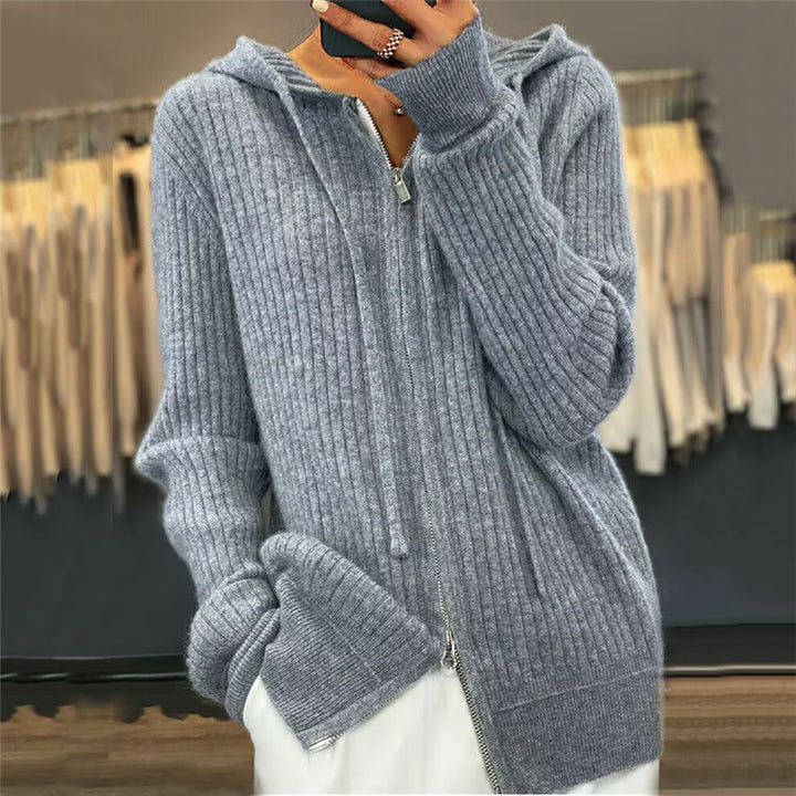 Damen nan oversized Rippstrick-Kapuzencardigan mit Zwei-Wege-Reißverschluss und Kaschmir-Blend Drune