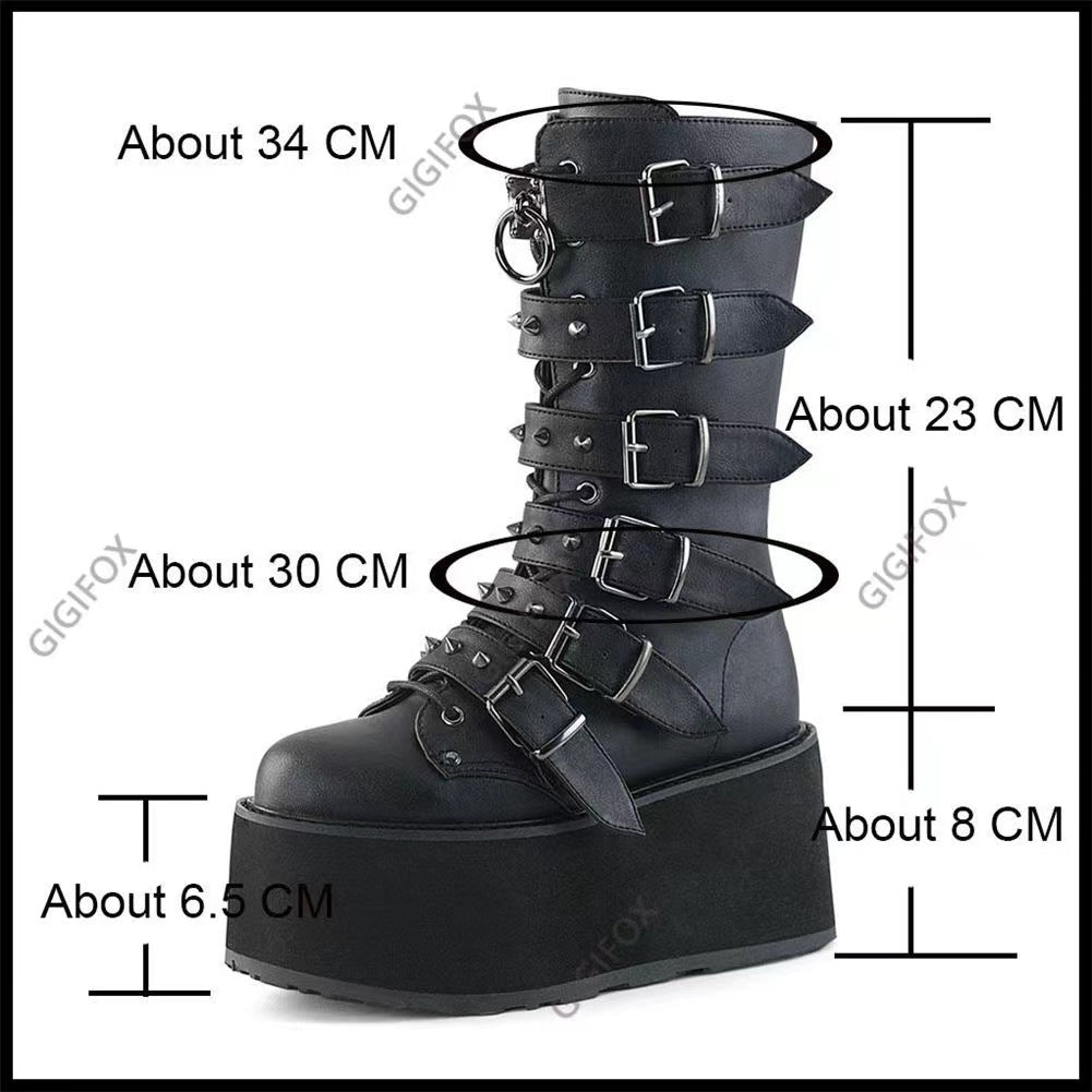 Damen nan hochschaftige Lack-Plateau-Stiefel mit mehrfach verstellbaren Schnallen und herzförmigen Nieten Drune