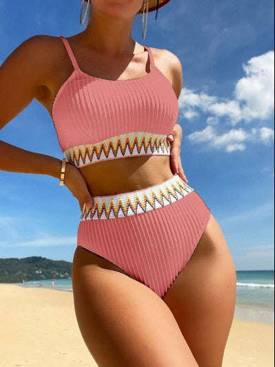 Damen Hochtailliertes Bikini-Set mit modischem Rippdesign und buntem Akzent Drune