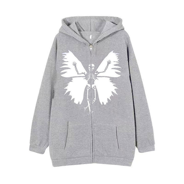 Damen Zip-Hoodie mit einzigartigem Skelett- und Schmetterlingsmotiv Drune