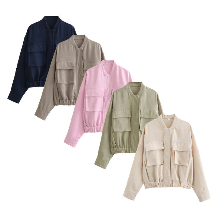 Damen elegante Utility-Jacke mit großen Taschen und elastischem Saum Drune