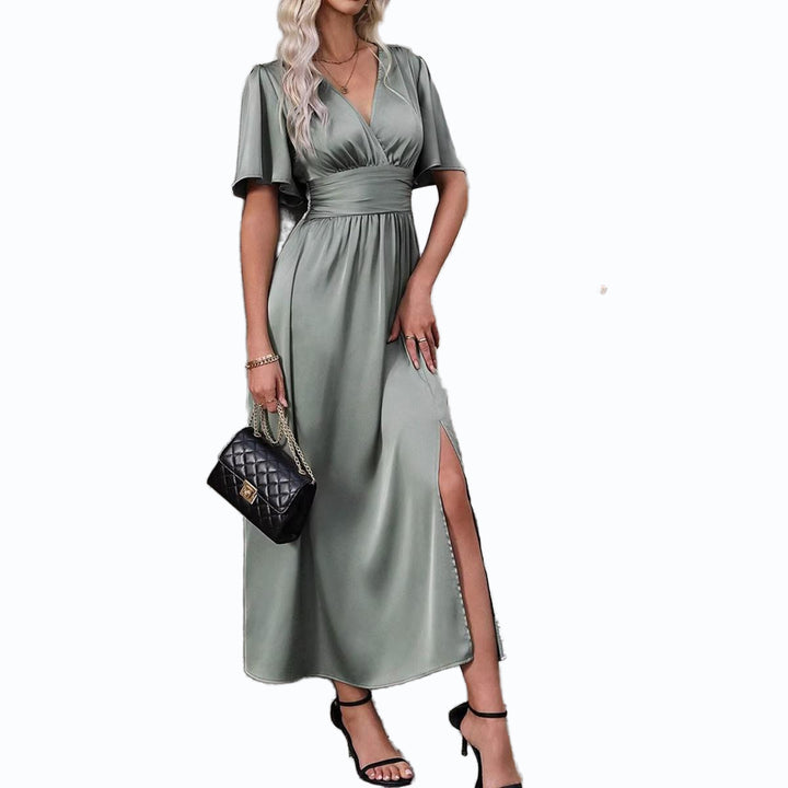 Damen Maxikleid mit elegantem V-Ausschnitt und fließenden Ärmeln Drune