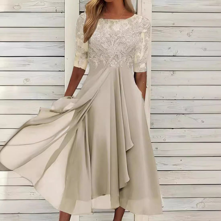 Damen elegantes Cocktailkleid mit floralem Spitzenoberteil und fließendem Rock Drune