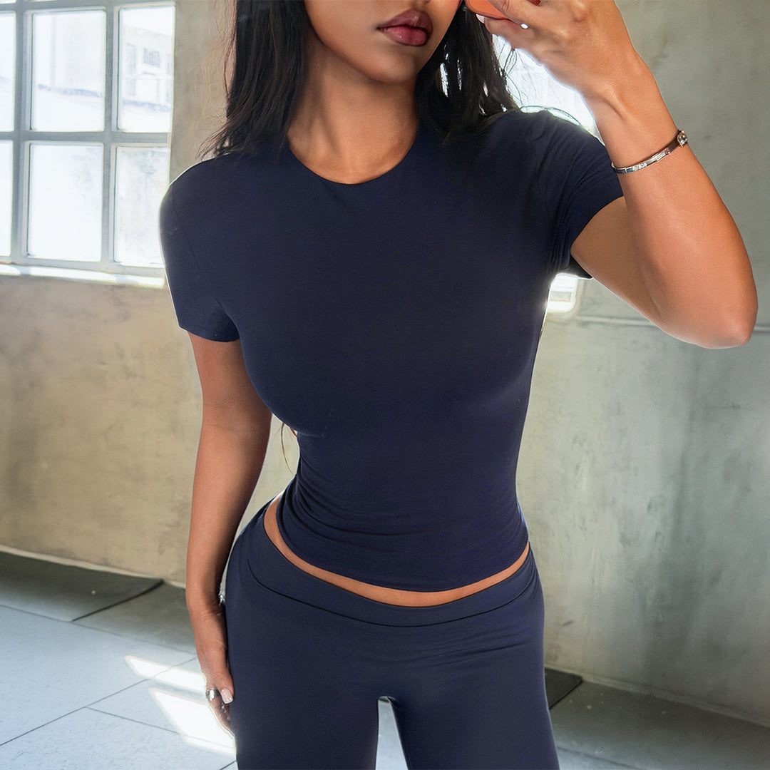 Damen Figurformendes Kurzarmshirt aus elastischem Baumwollmix Drune