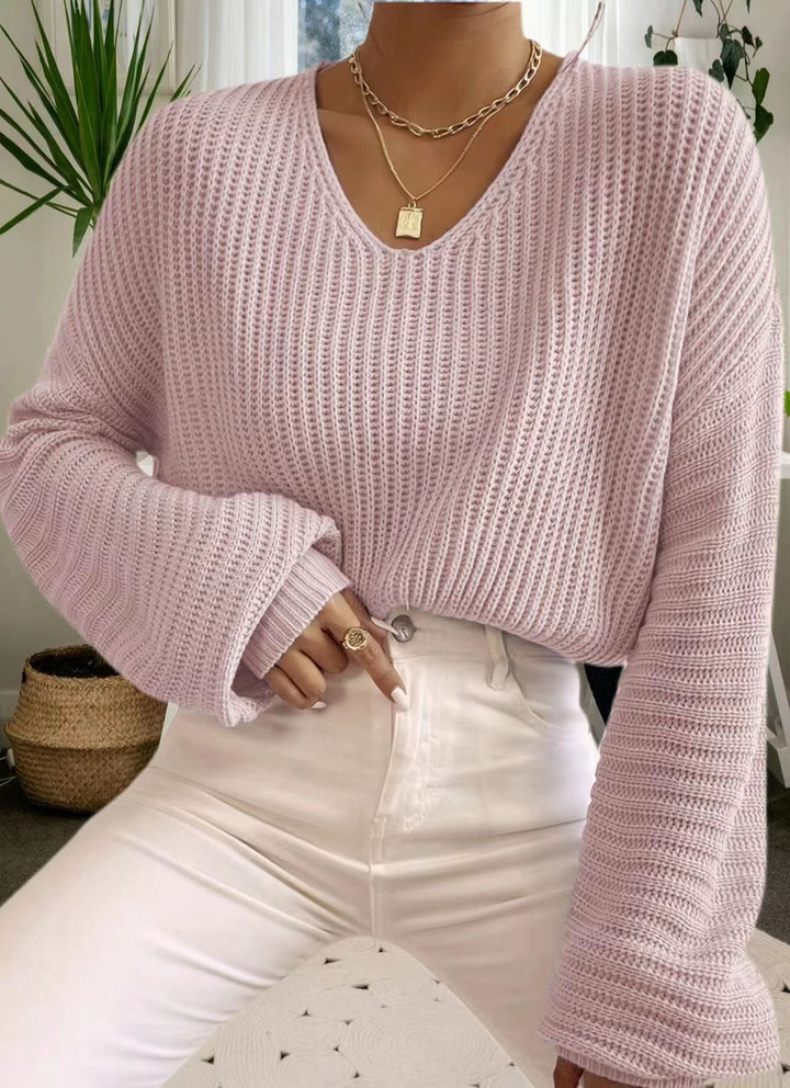 Damen V-Pullover mit weiten Ärmeln und strukturiertem Strickmuster Drune
