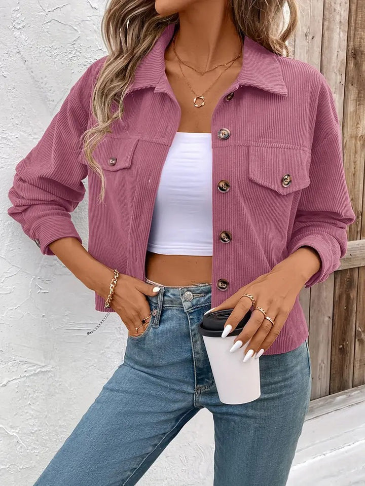 Damen lässige Cordjacke mit praktischen Taschen und modischen Knöpfen Drune