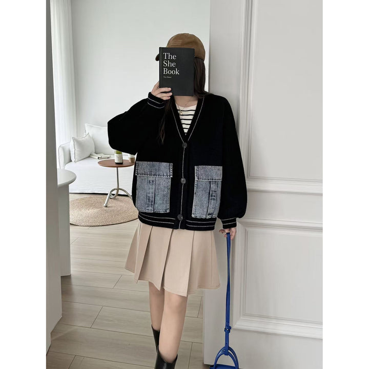 Damen modische Strickjacke mit Denim-Details Drune