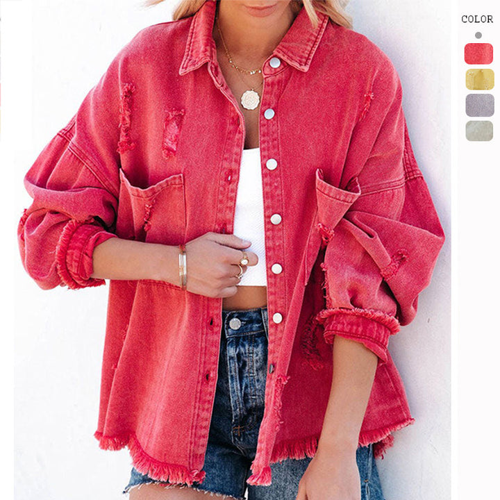 Damen Oversized Jeansjacke im lässigen Vintage-Stil mit fransigen Details Drune