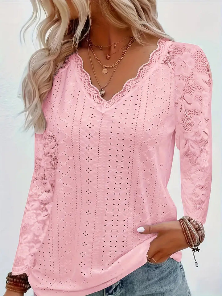 Damen Elegantes Oberteil mit Spitzenbesatz und V-Ausschnitt Drune