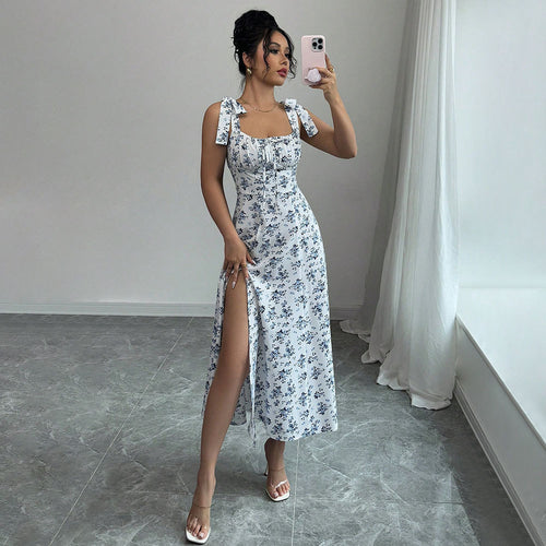 Damen Maxikleid mit Blumenmuster und schmeichelndem Schlitz Drune