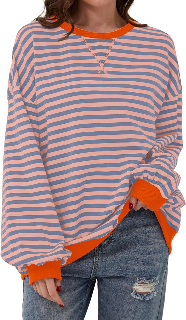 Damen Cozy Übergroßer Gestreifter Pullover Sweatshirt Drune