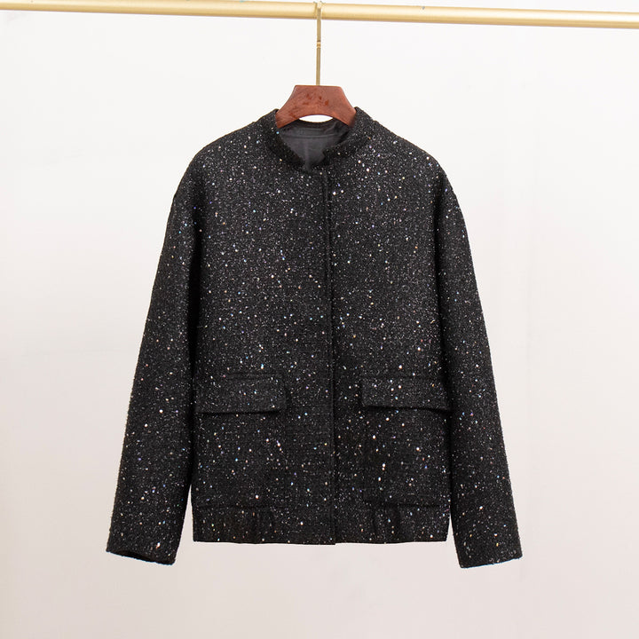 Damen Elegante Funkelnde Jacke mit Taschen und elastischem Saum Drune