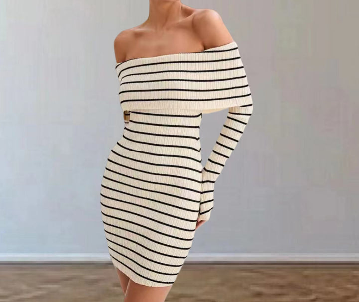 Damen Off-Shoulder Strickkleid mit langen Ärmeln und Streifenmuster Drune