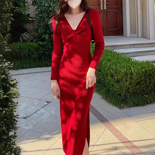 Damen Strickkleid mit tiefem V-Ausschnitt und Eleganter Rippstruktur Drune