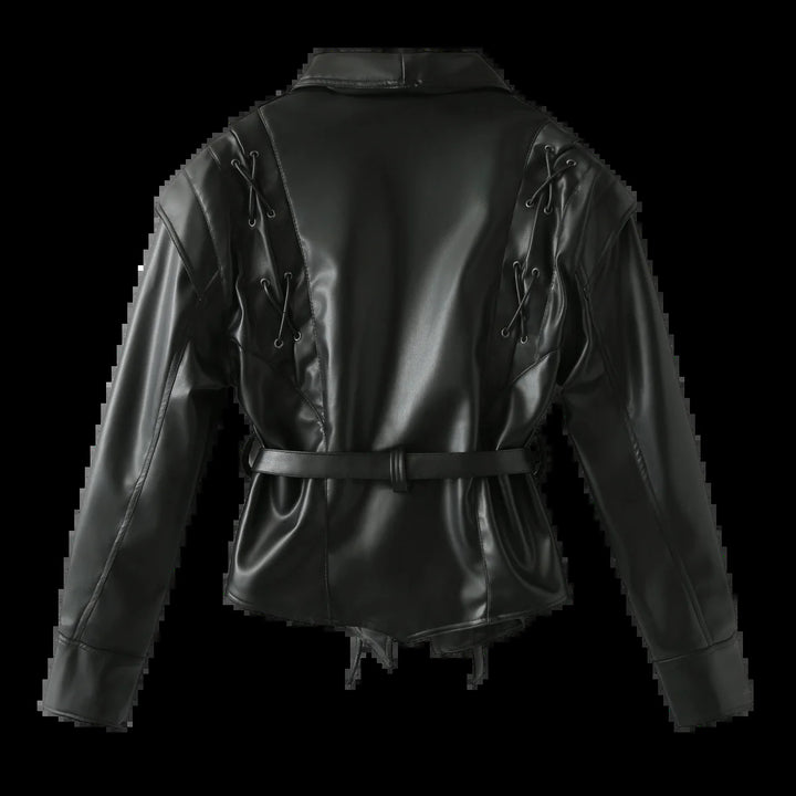 Damen Kunstlederblazer im modernem Design mit praktischem Gürtel Drune