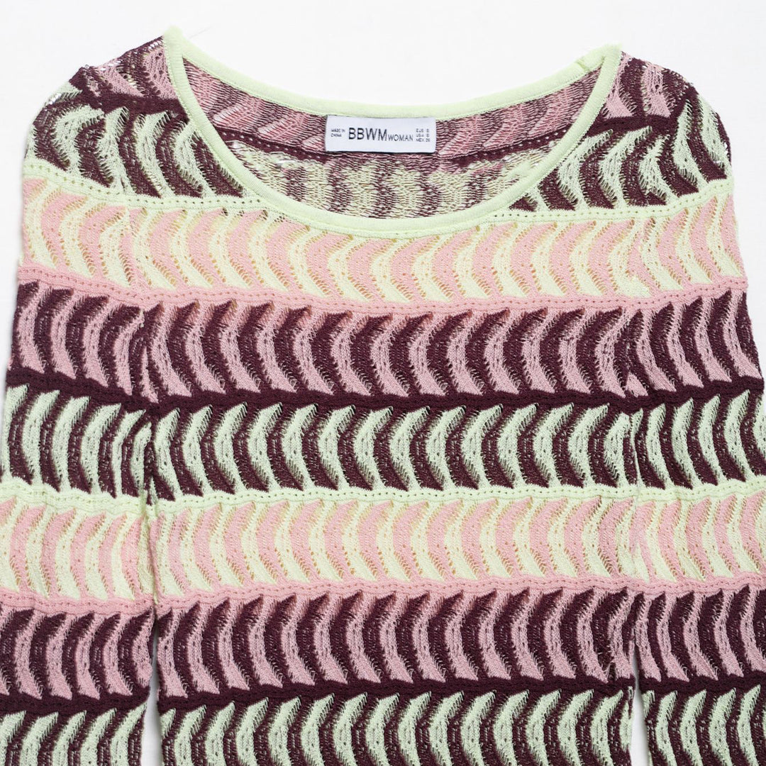 Damen Langarm Strickoberteil mit modischem Wellenmuster Drune