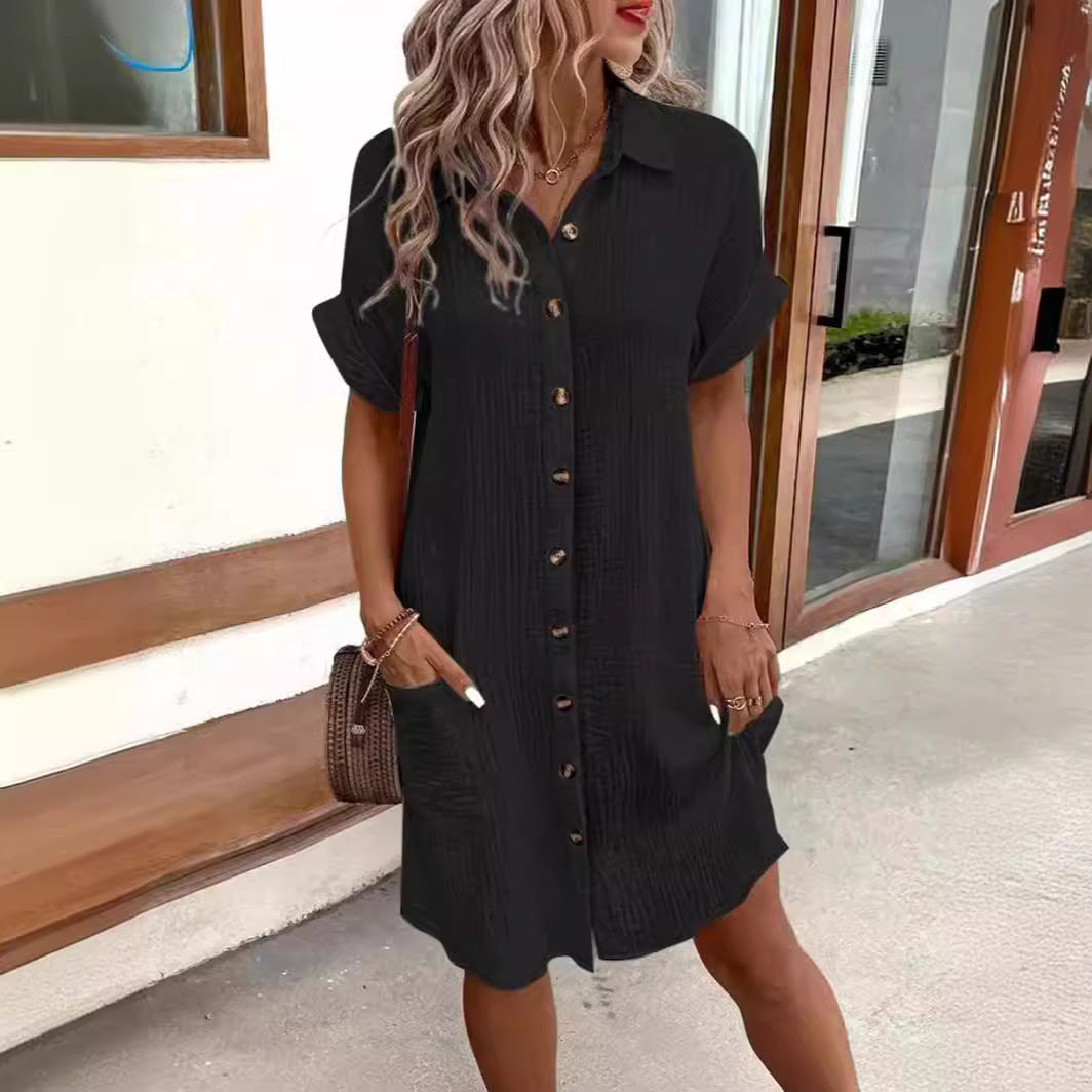 Damen lässiges Leinenhemdkleid mit Knopfleiste und Seitentaschen Drune