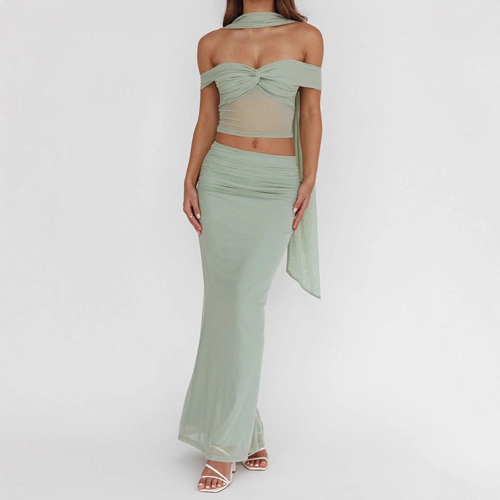 Damen elegantes Wickelkleid mit schulterfreiem Oberteil und drapierter Silhouette Drune