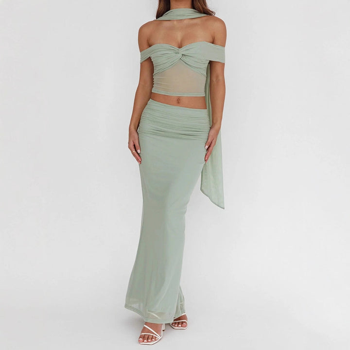 Damen elegantes Wickelkleid mit schulterfreiem Oberteil und drapierter Silhouette Drune