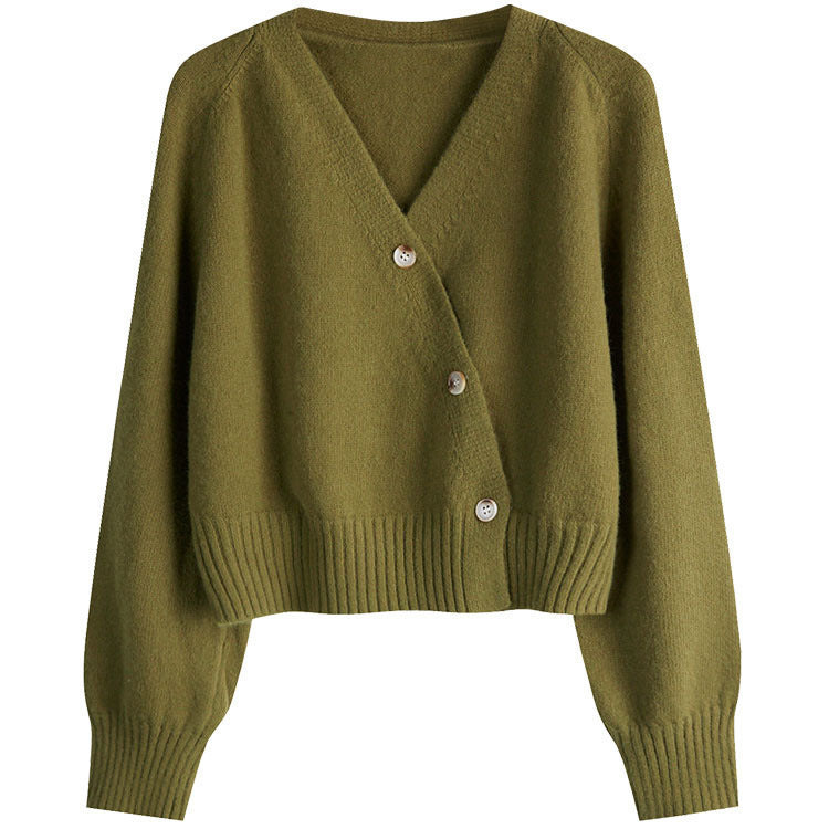 Damen kuschelige cropped Strickjacke mit tiefem V-Ausschnitt und großen Knöpfen Drune